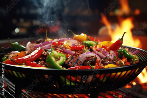 Assorted various juicy meats and colorful vegetables grilling on barbecue