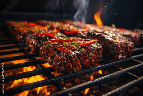 Sizzling aromatic steaks cooking on the hot grill, delicious bbq grilling scene