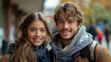 Happy young student couple talk while walking through university campus. Generative AI