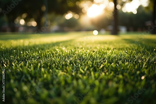 Close-up of a well-kept lawn with lush green grass in a beautiful garden setting, exuding serenity and tranquility, ideal for landscaping and gardening concepts.
