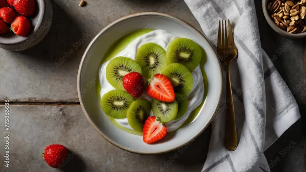 plate with natural yogurt, strawberries, kiwi on the table plate with natural yogurt, strawberries, kiwi on the table