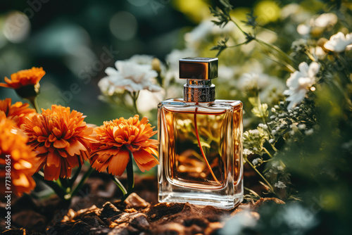 A beautiful and elegant women s perfume bottle surrounded by delicate blossoms in soft natural light  perfect for fragrance and beauty product concepts.