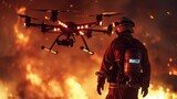 A firefighter is standing in front of a burning building with a drone flying above him. The scene is intense and dramatic, with the fire and the drone creating a sense of urgency and danger