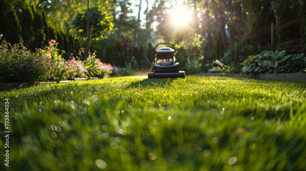 Lawn Mower on Lush Green Field Lawn Mower on Lush Green Field