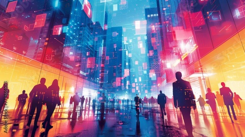 A cityscape with a man in a suit walking down a street. The sky is filled with neon lights and the people are walking around