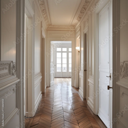 Elegant Parisian style appartment with hight ceilings and parquet floor, generative ai, interior design photo