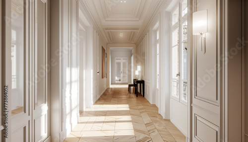 Elegant Parisian style appartment with hight ceilings and parquet floor, generative ai, interior design