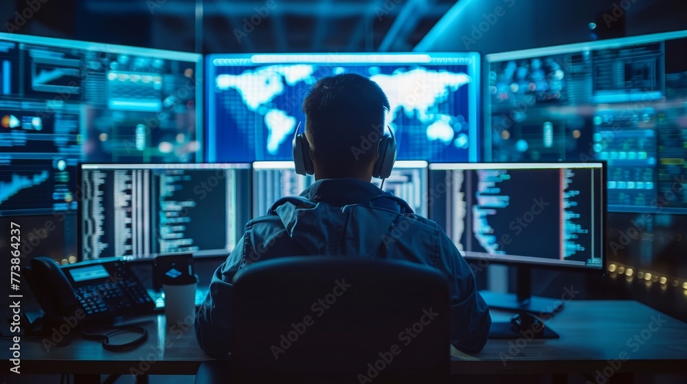 A man is sitting in front of a computer monitor with three screens. He is wearing headphones and he is focused on his work. The room is dimly lit, and the screens are displaying various data A man is sitting in front of a computer monitor with three screens. He is wearing headphones and he is focused on his work. The room is dimly lit, and the screens are displaying various data