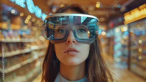 A woman wearing blue virtual reality goggles. She is looking at the camera. The image has a futuristic and technological vibe