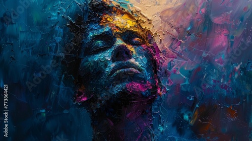 A painting of a man's face with a blue background. The painting is abstract and colorful. The man's face is the main focus of the painting, and it is in a state of deep thought or contemplation