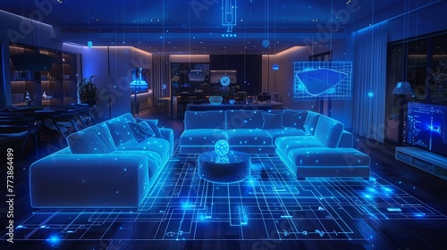 A futuristic living room with a blue couch and a blue coffee table. The room is illuminated with blue lights and has a futuristic feel to it