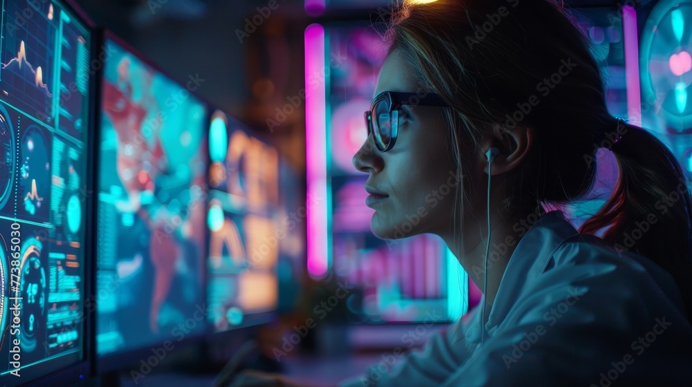 A woman is looking at a computer monitor with a lot of data on it. She is wearing glasses and has earbuds in her ears. Concept of focus and concentration as the woman works on her computer