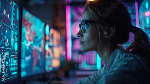 A woman is looking at a computer monitor with a lot of data on it. She is wearing glasses and has earbuds in her ears. Concept of focus and concentration as the woman works on her computer