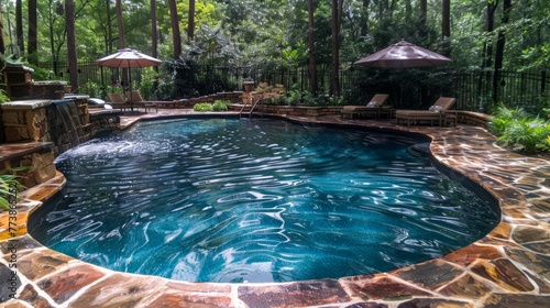 Luxurious Tropical Backyard With Curved Swimming Pool, Stone Patio, and Lush Greenery Outdoor Living