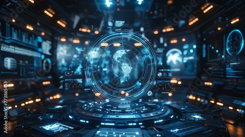 A futuristic room with a glowing globe in the center. The room is filled with screens displaying various data and information. The atmosphere is one of advanced technology and innovation