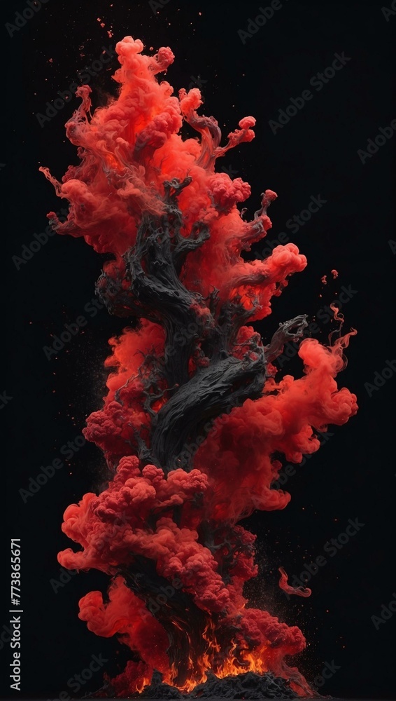The image depicts a fiery red smoke eruption resembling a volcanic explosion symbolizing power and chaos