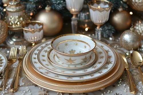Table Adorned With Gold and White Dishes