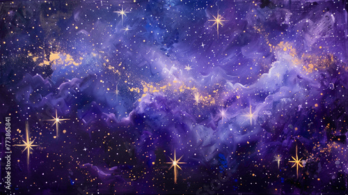 A celestial display of shimmering stars agnst a canvas of deep purples and blues  evoking a sense of wonder and awe.