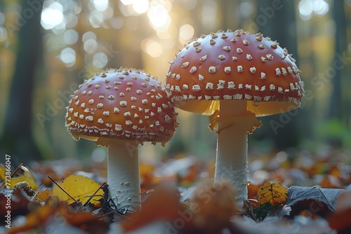 Two Mushrooms Resting on Forest Floor photo