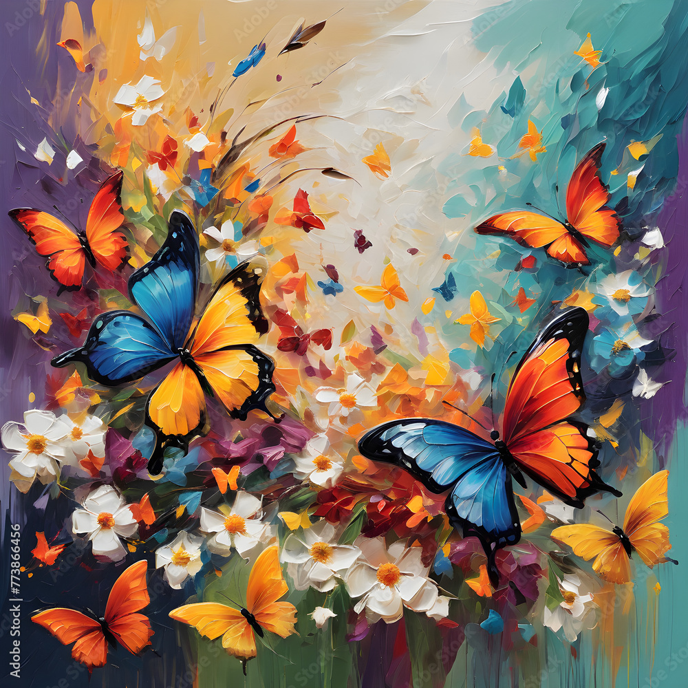 An oil canvas where flowers bloom in vivid hues, accompanied by the elegant presence of a butterfly, their beauty immortalized in serene strokes. An oil canvas where flowers bloom in vivid hues, accompanied by the elegant presence of a butterfly, their beauty immortalized in serene strokes.