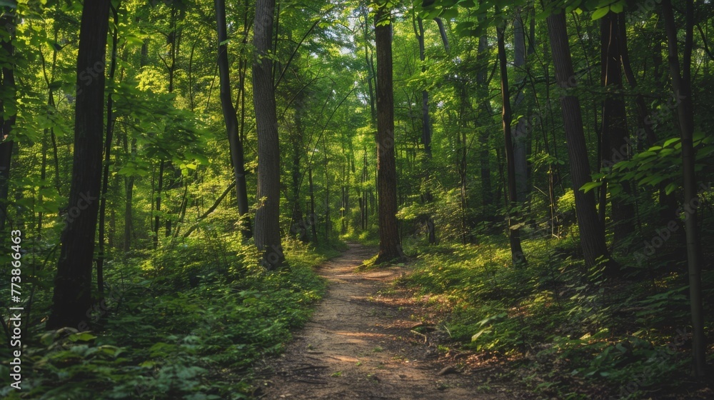 Fototapeta premium Sunlight Filtering Through a Dense Forest Path at Dawn