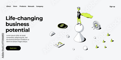 Business weight potential in isometric vector design concept. Powerful businesswoman striving and achieving corporate goal. Motivation web banner layout
