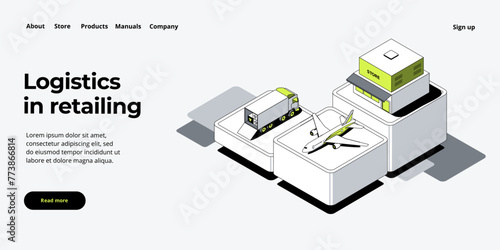 Online retail store transportation in isometric vector design. Shop delivery service and truck logistics concept. Market supply chain and shipment. Web banner layout template.