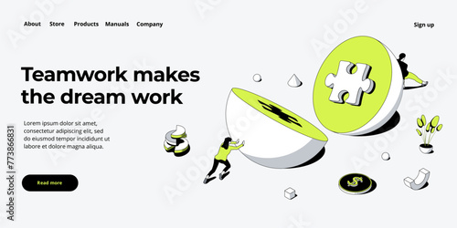 Businesswoman matching puzzle illustrtion in isometric vector design. Teamwork or right business decision concept. Web banner layout template