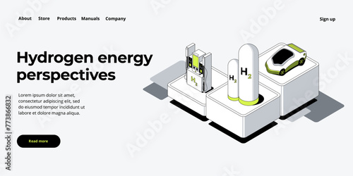 Green economy and renewable energy concept in isometric vector illustration. Hydrogen electric car and h2 fuel vehicle. Sustainable power plants for clean earth environment