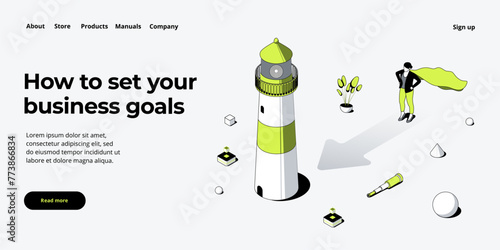 Business vision and mission vector illustration in isometric design. Strategy and corporate goal concept with lighthouse and running female. Web banner layout.