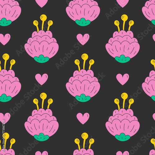 Funky flowers seamless pattern with stamens and hearts. Modern retro design. Vintage hand drawn floral background with pink blossoms. Repeat vector illustration