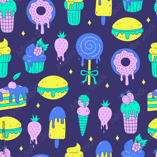 Melting sweets colorful doodle seamless pattern. Modern 90s y2k food repeat vector illustration. Flowing desserts with liquid cream glaze berries and fruits. Cartoon eatery background