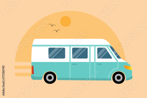 Camper van illustration, summer caravan lifestyle, travel van.