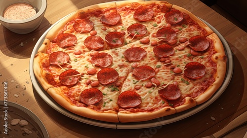 Plate of greasy, dripping pepperoni pizza, realistic, high-definition details