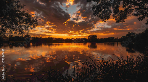 A radiant sunset over a tranquil lake, blending hues of gold, orange, and pink agnst the velvety black of dusk.