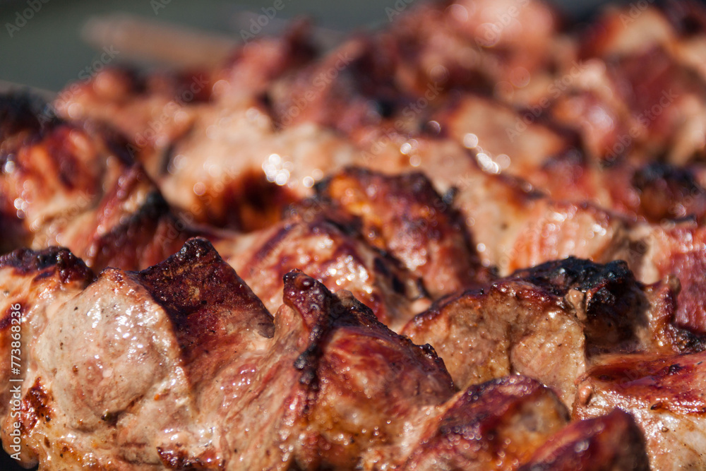 The meat is baked on a skewer on a skewer. Skewers background and texture. Delicious meat with skin.