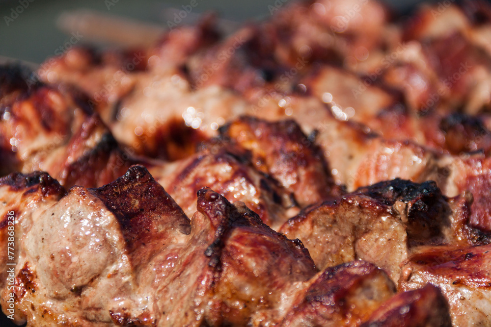 The meat is baked on a skewer on a skewer. Skewers background and texture. Delicious meat with skin. The meat is baked on a skewer on a skewer. Skewers background and texture. Delicious meat with skin.