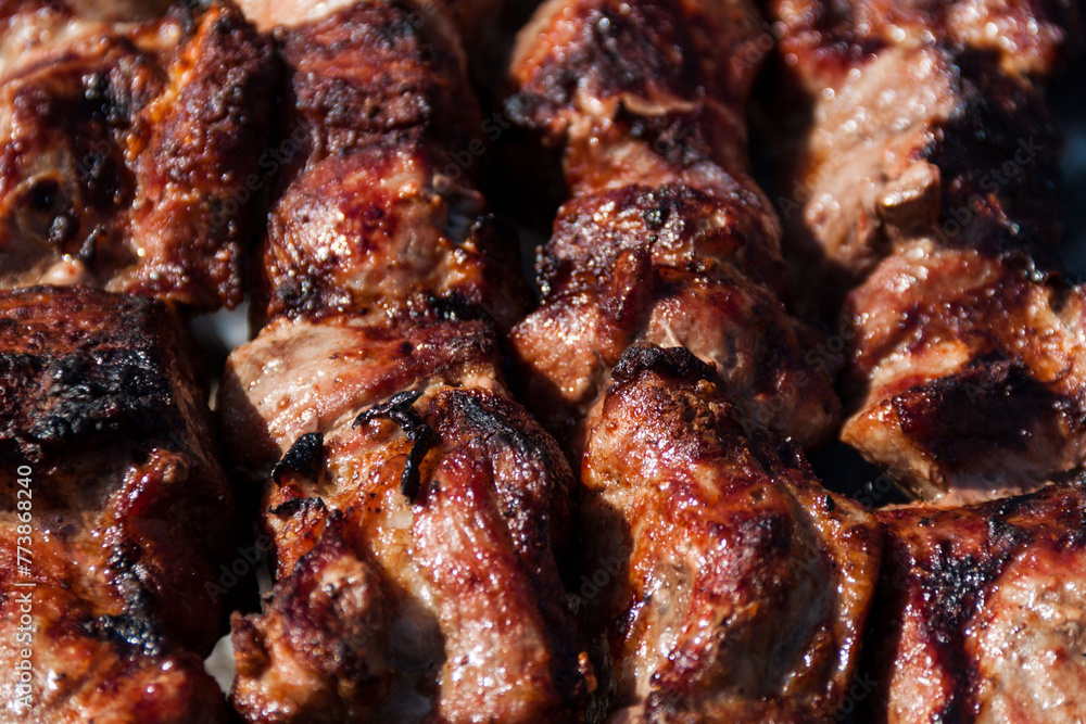 The meat is baked on a skewer on a skewer. Skewers background and texture. Delicious meat with skin.