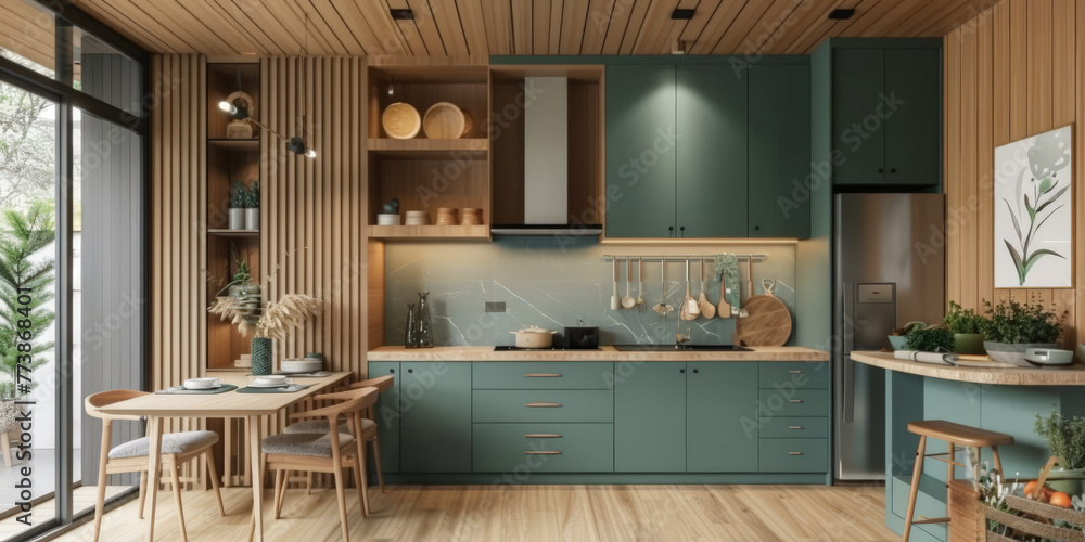 minimalist kitchen with dark green cabinets and light wood accents, Scandinavian  interior gren kitchen,  - obrazy, fototapety, plakaty 