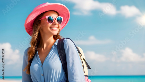 summer vacation traveler woman smiling relaxed looking at the beach with backpack, sunglasses and pink beach hat with a blue sky background with copy space. Summer vacation concept.