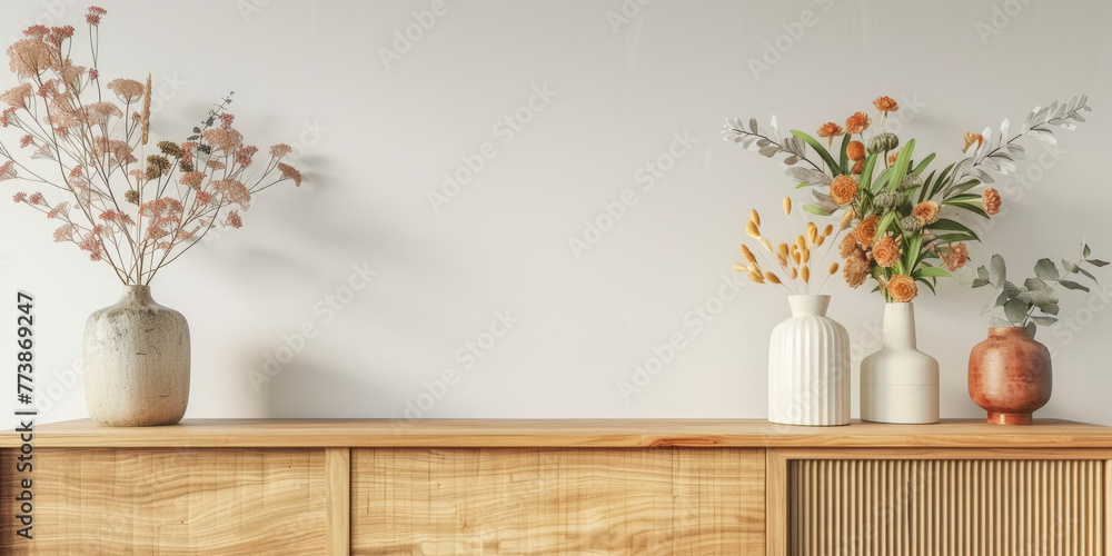  minimalist living room with beige wooden  cabinets sideboard and plants on beige wall background ,copy space  - obrazy, fototapety, plakaty 