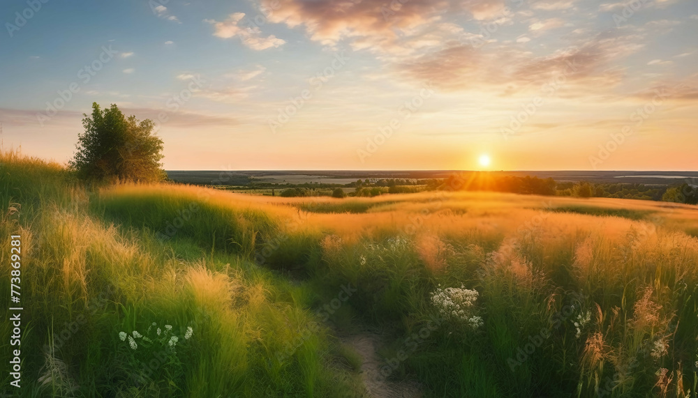 Beautiful natural panoramic countryside landscape. Blooming wild high grass in nature at sunset warm summer. Pastoral scenery. Selective focusing on foreground Beautiful natural panoramic countryside landscape. Blooming wild high grass in nature at sunset warm summer. Pastoral scenery. Selective focusing on foreground
