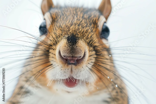 nose of the squirrel sniffing the camera lense, white background photo