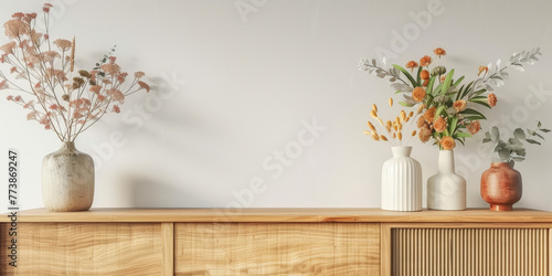  minimalist living room with beige wooden  cabinets sideboard and plants on beige wall background ,copy space  photo