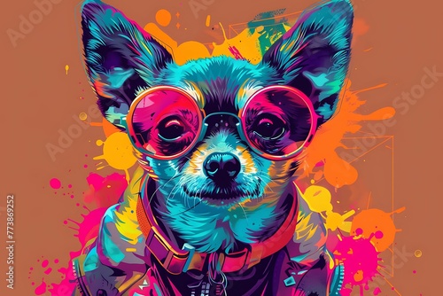 Dog Chihuahua head portrait, cyberpunk style, Chihuahua and glasses photo