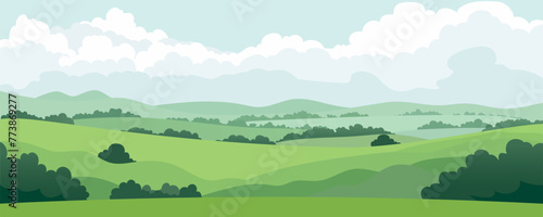 Rural landscape of summer meadows and fields, pastures, green trees and bushes against the backdrop of beautiful hills and large clouds. 