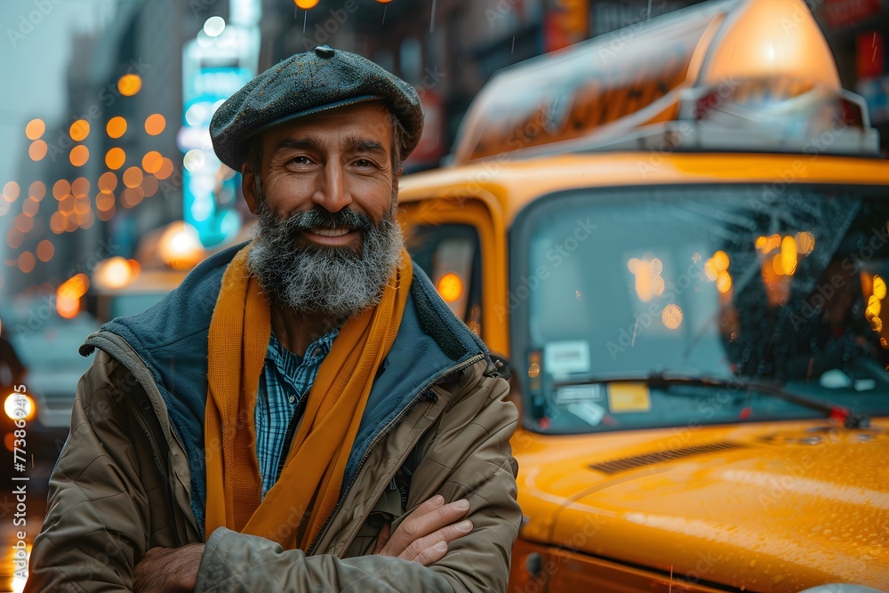 Man With Beard Standing in Front of Taxi