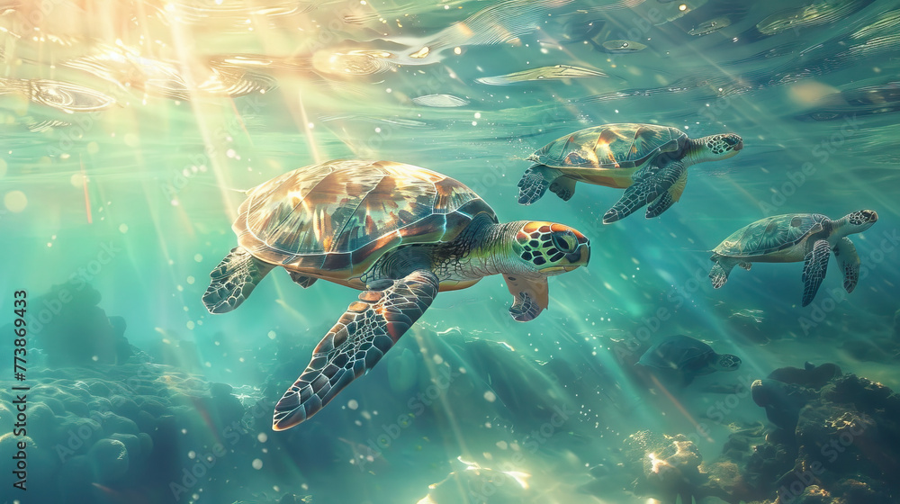 Fototapeta premium Sea Turtles Gliding Gracefully Underwater