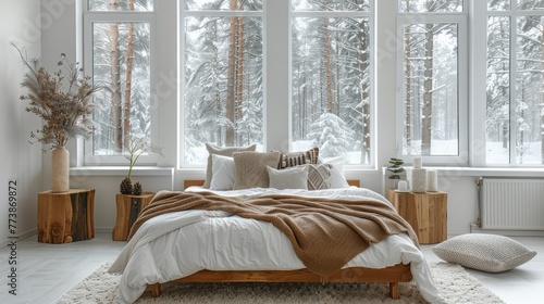 Bed With White Comforter and Pillows by Window