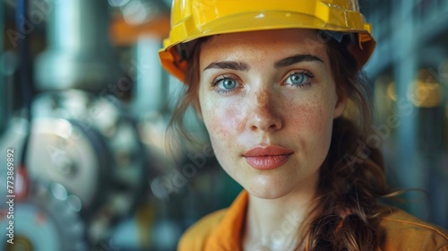 Woman Wearing Hard Hat and Glasses